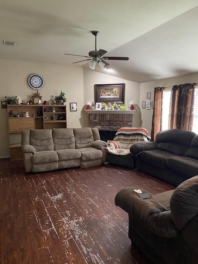253 Pine Crest Dr, Justin, TX 76247 - living area with hardwood / wood-style flooring, ceiling fan, and vaulted ceiling
