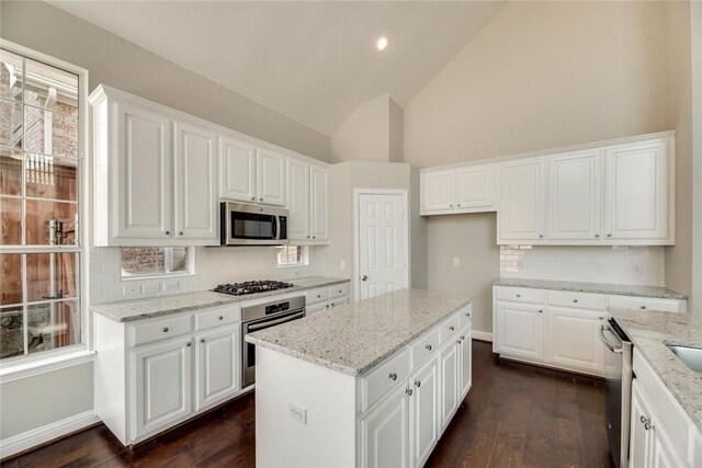 9204 Bottlebrush Ln, Irving, TX 75063 - kitchen with appliances with stainless steel finishes, dark wood-style flooring, decorative backsplash, and high vaulted ceiling