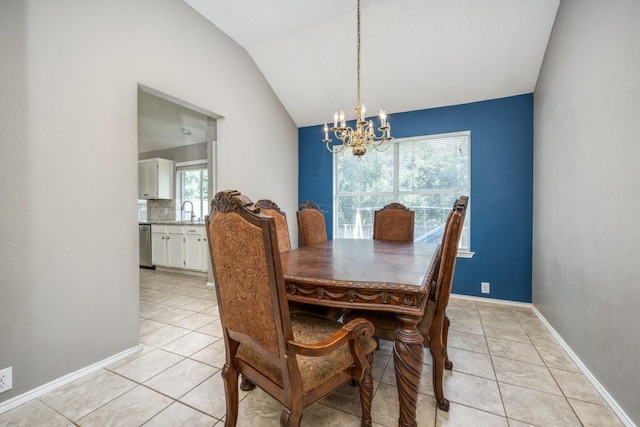 726 Texas Oak Trl, Lake Dallas, TX 75065 - dining room featuring a chandelier, light tile patterned floors, and vaulted ceiling