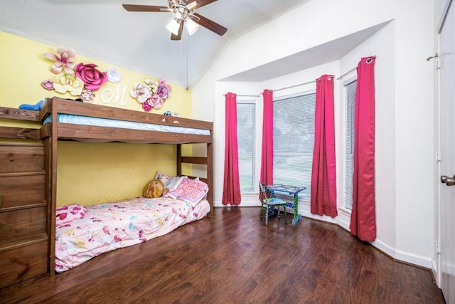 726 Texas Oak Trl, Lake Dallas, TX 75065 - bedroom featuring wood finished floors, lofted ceiling, and a ceiling fan