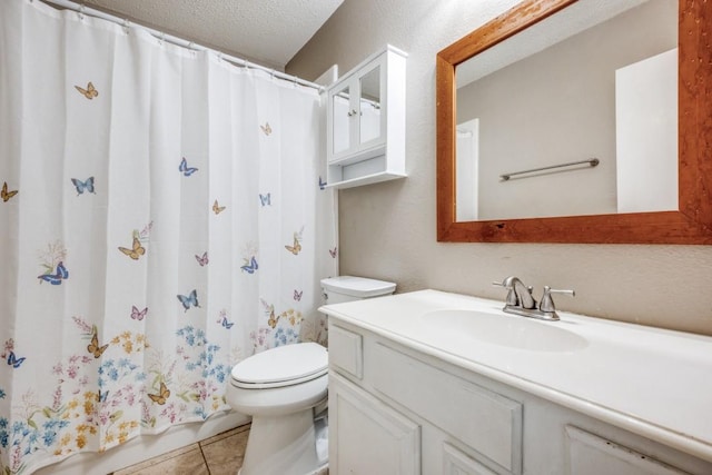 726 Texas Oak Trl, Lake Dallas, TX 75065 - bathroom with vanity, tile patterned floors, a textured ceiling, and a shower with shower curtain