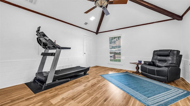 3705 Starlight Trl, Plano, TX 75023 - exercise room featuring vaulted ceiling, wood finished floors, ceiling fan, and wainscoting