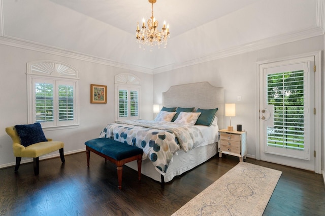 7955 Enclave Way, Dallas, TX 75218 - bedroom with a chandelier, crown molding, dark wood-style floors, and access to exterior