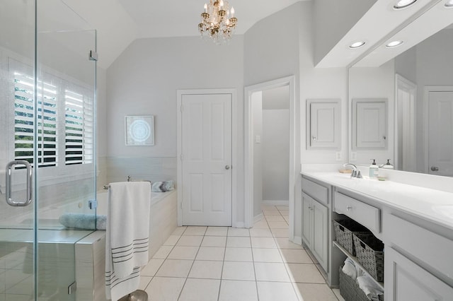 7955 Enclave Way, Dallas, TX 75218 - bathroom with double vanity, a stall shower, lofted ceiling, a chandelier, and tile patterned floors
