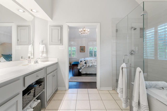 7955 Enclave Way, Dallas, TX 75218 - full bath featuring ensuite bathroom, vanity, a stall shower, tile patterned flooring, and ornamental molding