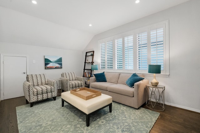 7955 Enclave Way, Dallas, TX 75218 - living area with wood finished floors, vaulted ceiling, and recessed lighting