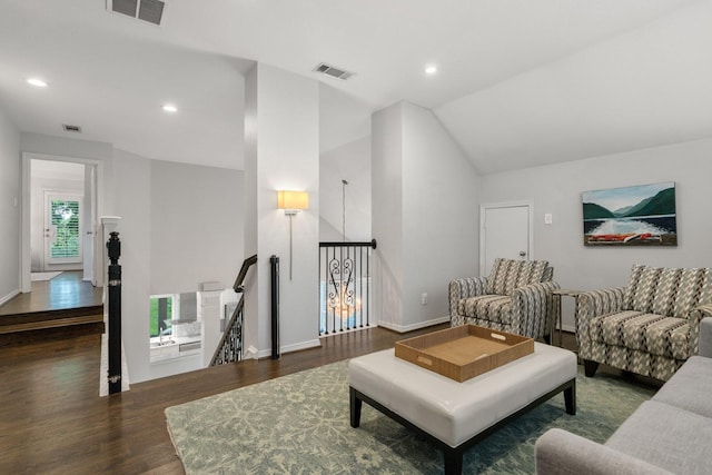 7955 Enclave Way, Dallas, TX 75218 - living area featuring wood finished floors, recessed lighting, and vaulted ceiling