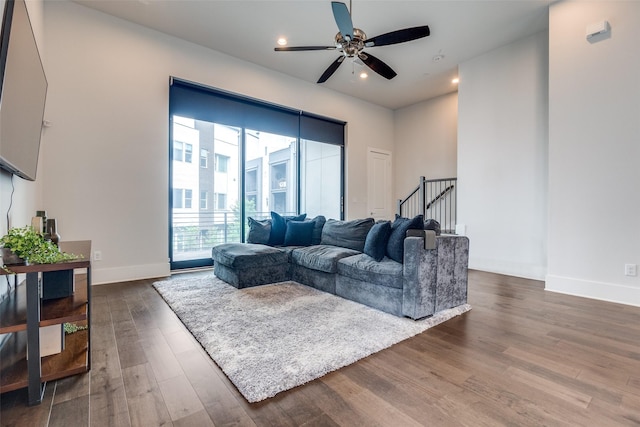 381 E Greenbriar Ln Unit 501, Dallas, TX 75203 - living area with a ceiling fan, dark wood finished floors, stairs, and recessed lighting