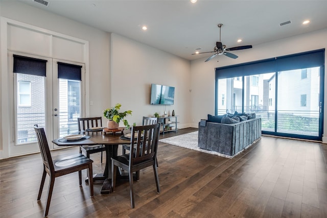 381 E Greenbriar Ln Unit 501, Dallas, TX 75203 - dining area featuring ceiling fan, dark wood finished floors, french doors, and recessed lighting