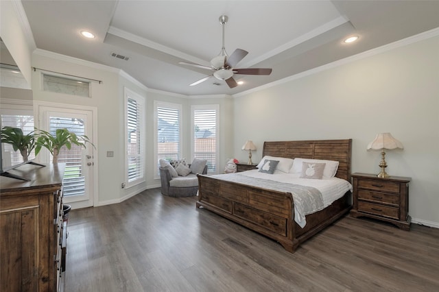 5729 Ridgehaven Dr, Plano, TX 75093 - bedroom with access to exterior, dark wood finished floors, a raised ceiling, recessed lighting, and ceiling fan