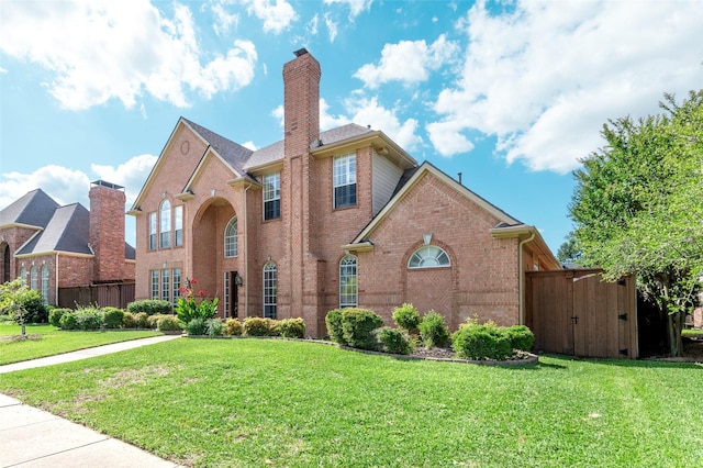 5729 Ridgehaven Dr, Plano, TX 75093 - traditional home with brick siding, a front yard, a storage shed, and a chimney