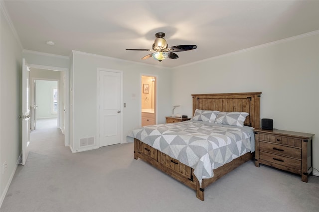 5729 Ridgehaven Dr, Plano, TX 75093 - bedroom featuring light carpet, crown molding, a ceiling fan, and ensuite bathroom