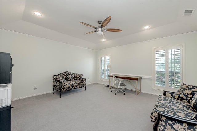 5729 Ridgehaven Dr, Plano, TX 75093 - office space with ceiling fan, carpet flooring, a tray ceiling, ornamental molding, and recessed lighting