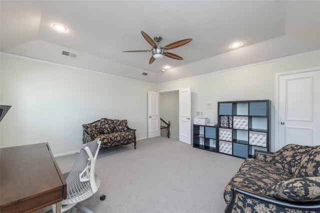 5729 Ridgehaven Dr, Plano, TX 75093 - home office featuring a raised ceiling, ceiling fan, carpet floors, crown molding, and recessed lighting