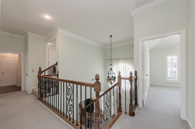 5729 Ridgehaven Dr, Plano, TX 75093 - hall featuring an upstairs landing, carpet floors, crown molding, and recessed lighting