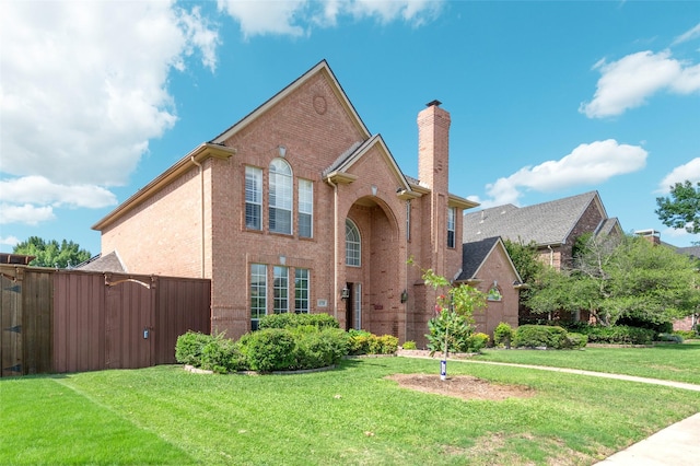 5729 Ridgehaven Dr, Plano, TX 75093 - traditional-style house featuring a chimney, a gate, and brick siding
