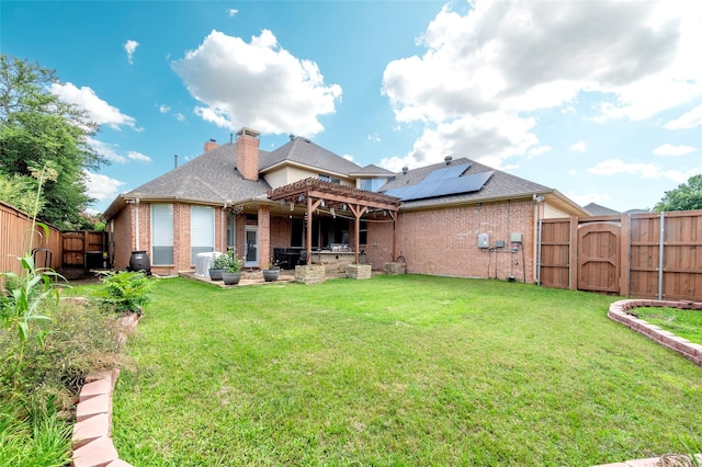 5729 Ridgehaven Dr, Plano, TX 75093 - back of property with a gate, brick siding, a fenced backyard, a pergola, and a patio