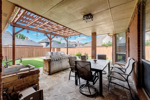 5729 Ridgehaven Dr, Plano, TX 75093 - fenced backyard featuring a grill, a patio, outdoor dining space, and a pergola