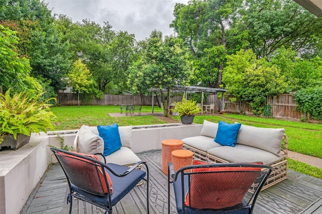 2811 Maple Springs Blvd, Dallas, TX 75235 - wooden deck featuring an outdoor hangout area, a fenced backyard, and a pergola