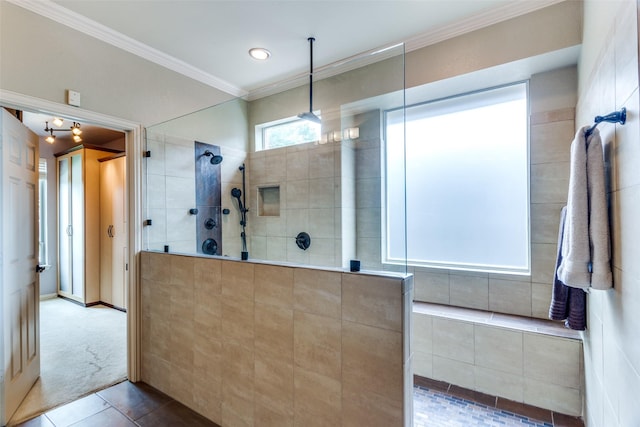 6707 Canyon Crest Dr, Fort Worth, TX 76132 - full bathroom with a walk in shower, tile patterned floors, ornamental molding, and recessed lighting