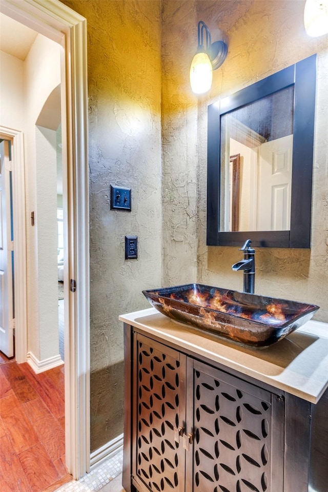 6707 Canyon Crest Dr, Fort Worth, TX 76132 - bathroom with wood finished floors and vanity