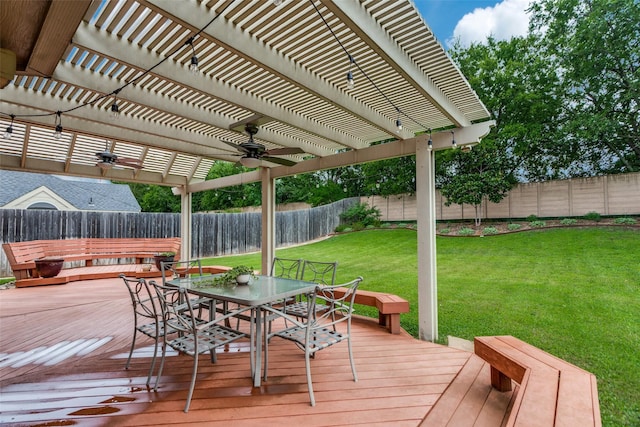 6707 Canyon Crest Dr, Fort Worth, TX 76132 - deck with outdoor dining area, a fenced backyard, ceiling fan, and a pergola