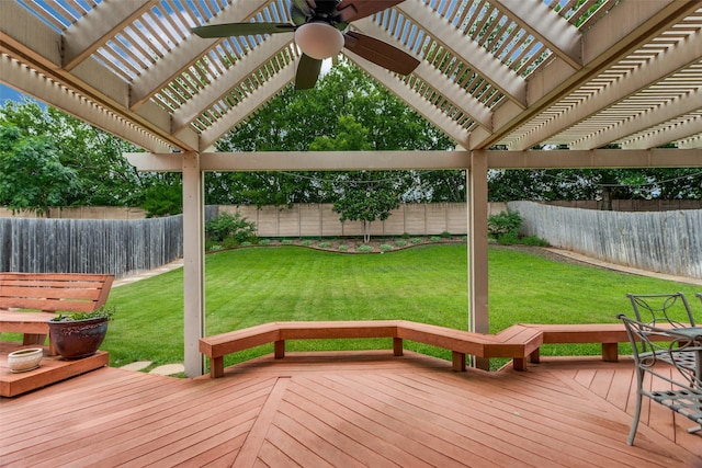 6707 Canyon Crest Dr, Fort Worth, TX 76132 - wooden deck featuring ceiling fan, a fenced backyard, and a pergola