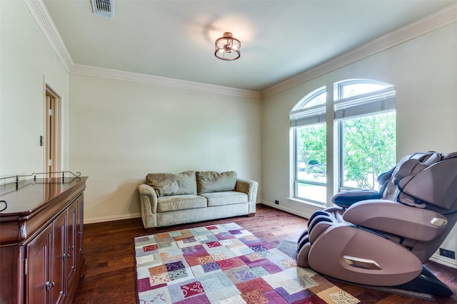 6707 Canyon Crest Dr, Fort Worth, TX 76132 - living room featuring dark wood-type flooring and crown molding