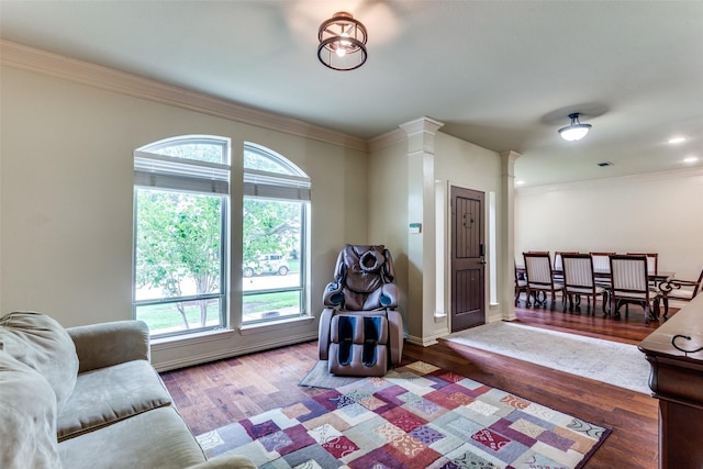 6707 Canyon Crest Dr, Fort Worth, TX 76132 - living room with decorative columns, wood finished floors, and crown molding