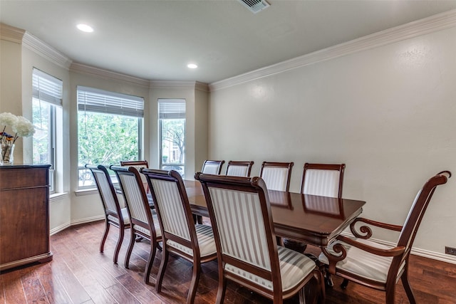 6707 Canyon Crest Dr, Fort Worth, TX 76132 - dining room featuring dark wood-style flooring, ornamental molding, and recessed lighting