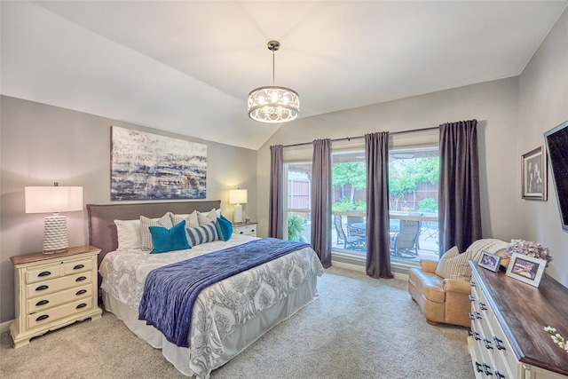 5513 Hill Haven Ct, Frisco, TX 75035 - bedroom featuring light colored carpet, a chandelier, and lofted ceiling