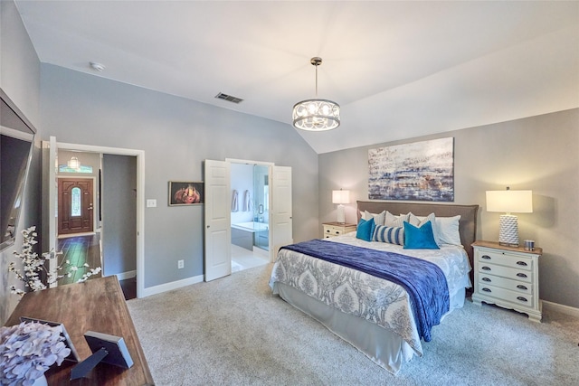 5513 Hill Haven Ct, Frisco, TX 75035 - bedroom featuring a chandelier, lofted ceiling, carpet floors, and ensuite bathroom