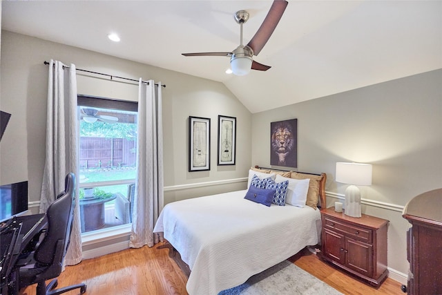 5513 Hill Haven Ct, Frisco, TX 75035 - bedroom with light wood-type flooring, lofted ceiling, ceiling fan, a desk, and recessed lighting