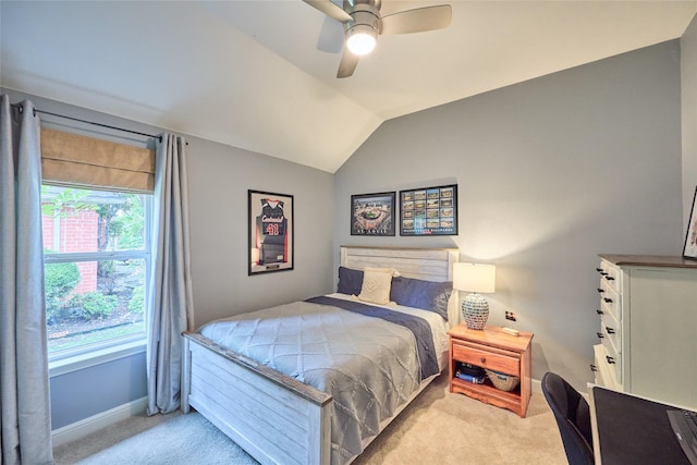5513 Hill Haven Ct, Frisco, TX 75035 - bedroom featuring light colored carpet, vaulted ceiling, and ceiling fan