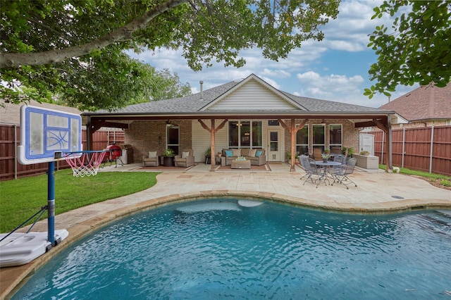 5513 Hill Haven Ct, Frisco, TX 75035 - view of pool with an outdoor living space, a fenced backyard, a shed, and a patio