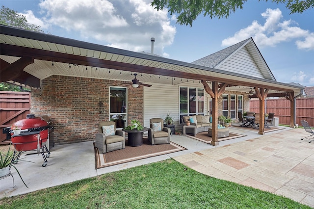 5513 Hill Haven Ct, Frisco, TX 75035 - view of patio featuring a ceiling fan, outdoor lounge area, area for grilling, and outdoor dining area