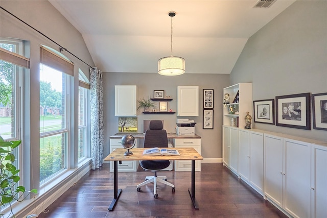 5513 Hill Haven Ct, Frisco, TX 75035 - home office with lofted ceiling, dark wood finished floors, and plenty of natural light