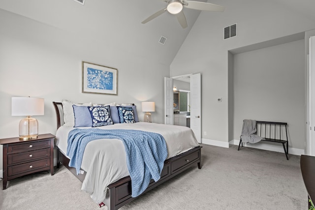 309 Red River Cir Trail, Highland Village, TX 75077 - bedroom featuring light colored carpet, high vaulted ceiling, ceiling fan, and ensuite bath