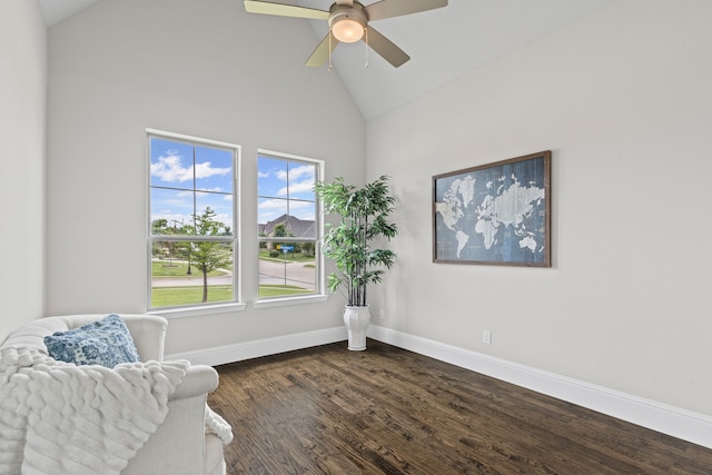 309 Red River Cir Trail, Highland Village, TX 75077 - sitting room with high vaulted ceiling, a ceiling fan, and dark wood-style flooring