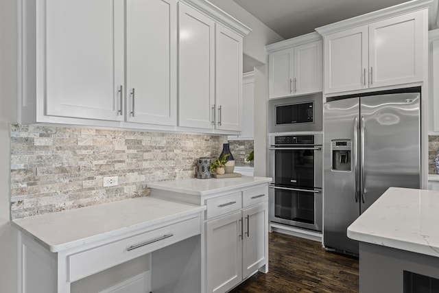 309 Red River Cir Trail, Highland Village, TX 75077 - kitchen with stainless steel appliances, white cabinets, decorative backsplash, and light stone countertops