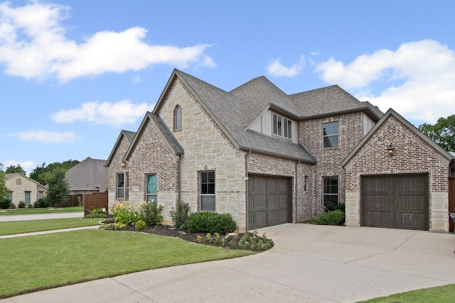309 Red River Cir Trail, Highland Village, TX 75077 - french country style house featuring a front yard, stone siding, concrete driveway, roof with shingles, and brick siding