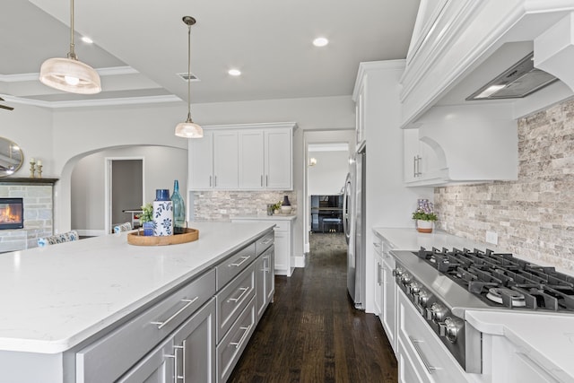 309 Red River Cir Trail, Highland Village, TX 75077 - kitchen featuring stainless steel appliances, custom exhaust hood, tasteful backsplash, white cabinets, and hanging light fixtures