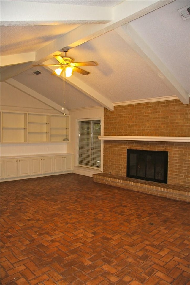 1612 Canyon Oaks Dr, Irving, TX 75061 - unfurnished living room featuring ceiling fan, a fireplace, and brick flooring
