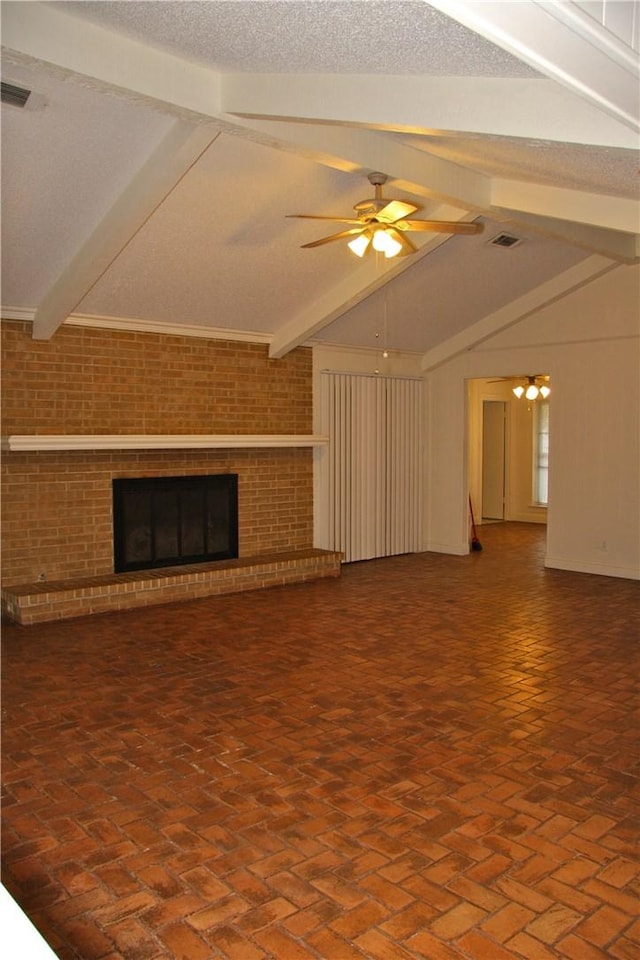 1612 Canyon Oaks Dr, Irving, TX 75061 - unfurnished living room with ceiling fan, brick wall, a brick fireplace, brick flooring, and a chandelier