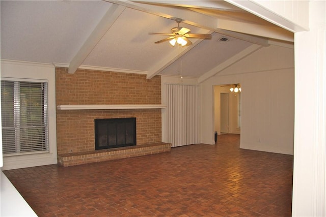 1612 Canyon Oaks Dr, Irving, TX 75061 - unfurnished living room with ceiling fan and a brick fireplace