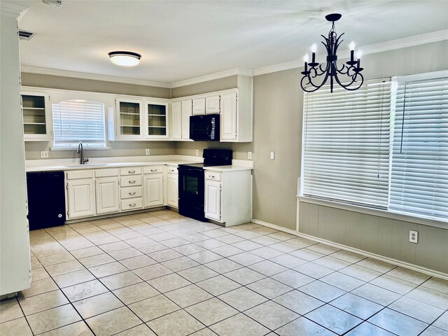 5722 Sagebrush Trl, Arlington, TX 76017 - kitchen with black appliances, a chandelier, light countertops, light tile patterned floors, and ornamental molding