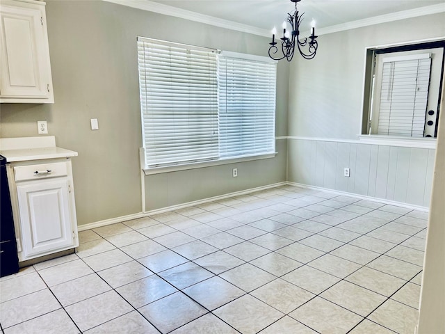 5722 Sagebrush Trl, Arlington, TX 76017 - unfurnished dining area featuring a chandelier, crown molding, and light tile patterned floors