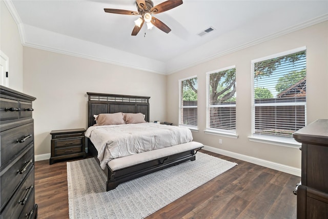 4270 Crooked Stick Dr, Frisco, TX 75035 - bedroom featuring dark wood-style flooring, ceiling fan, and crown molding