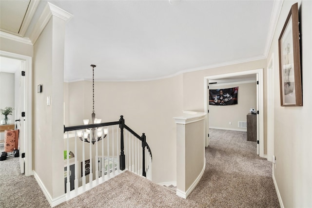 4270 Crooked Stick Dr, Frisco, TX 75035 - hall featuring an upstairs landing, carpet floors, crown molding, and attic access
