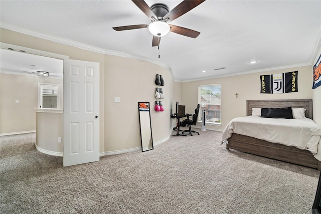 4270 Crooked Stick Dr, Frisco, TX 75035 - carpeted bedroom featuring crown molding, a ceiling fan, and recessed lighting